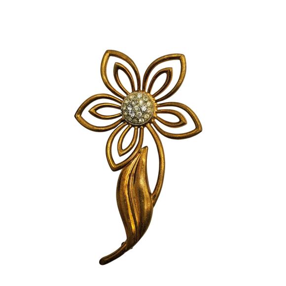 Metal Flower Power Brooch Large Gold Tone Rhinestones 3 1/2" Modernist Vintage - Picture 4 of 6